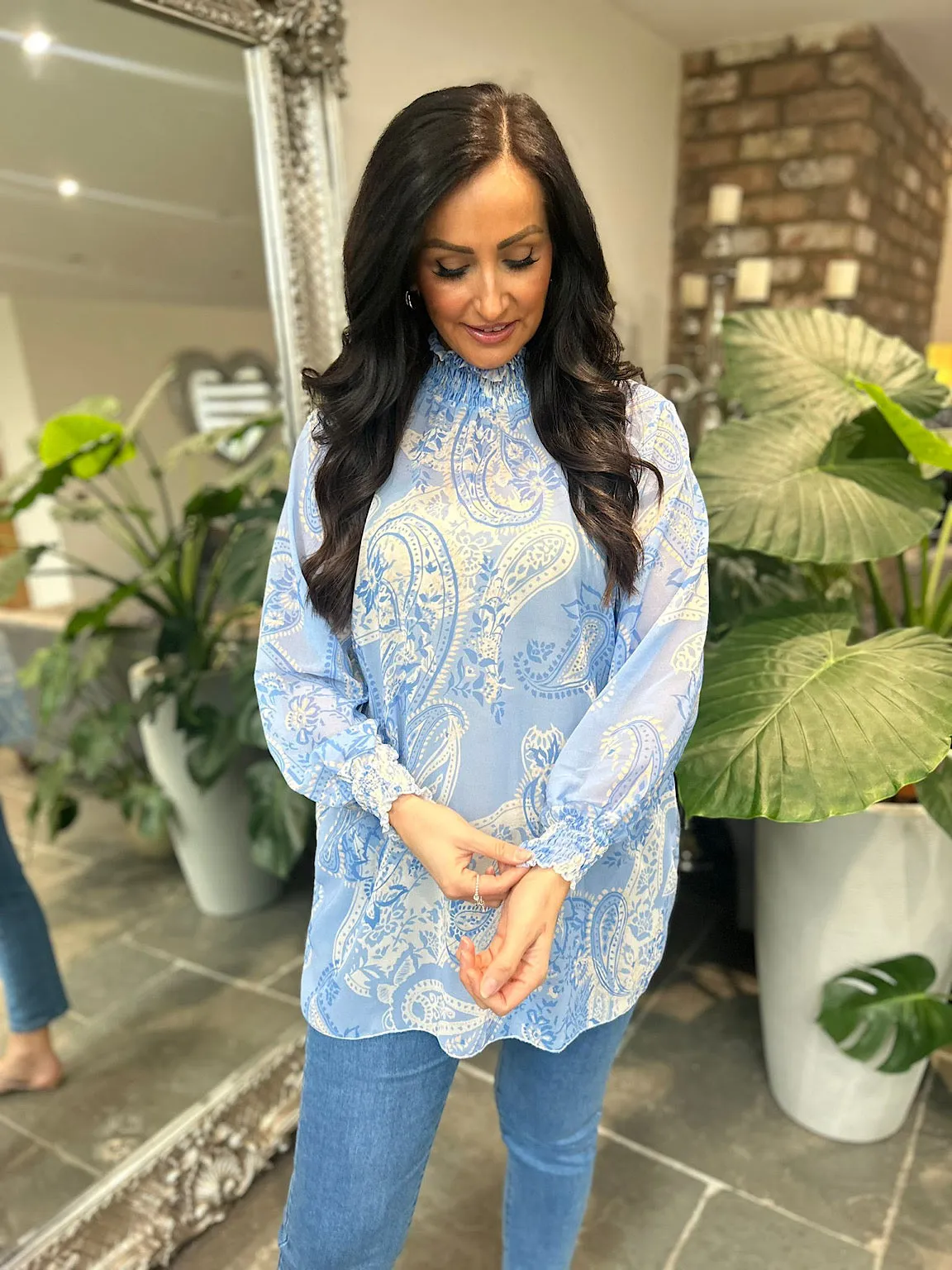 Blue Paisley High Neck Blouse June