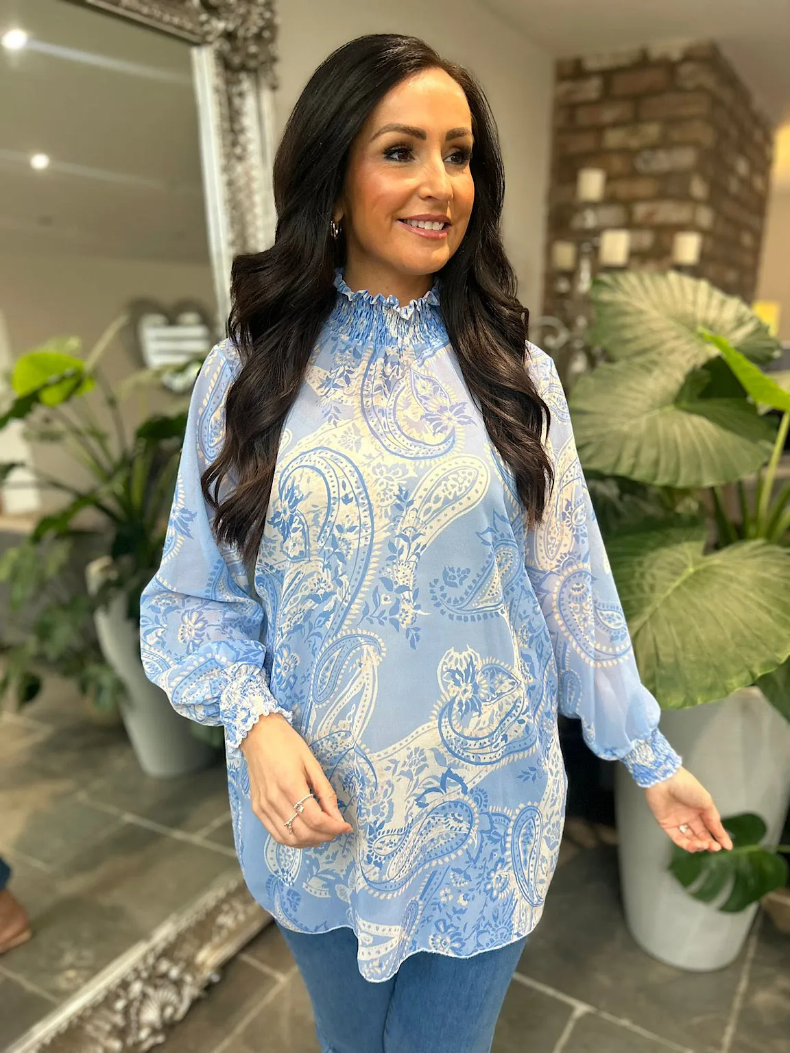 Blue Paisley High Neck Blouse June