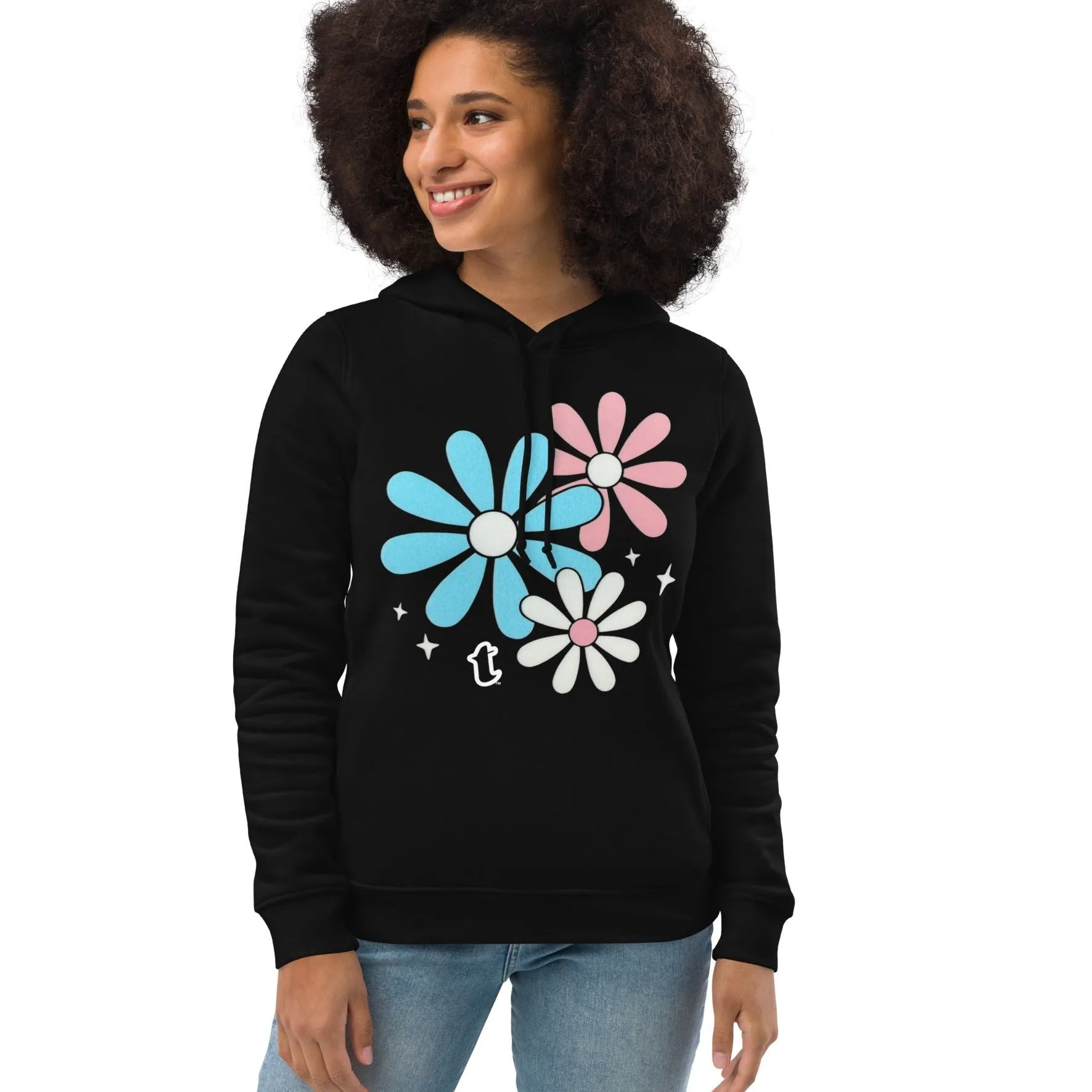 Blue Pink White Big Daisies Series Black Eco Fitted Hoodie