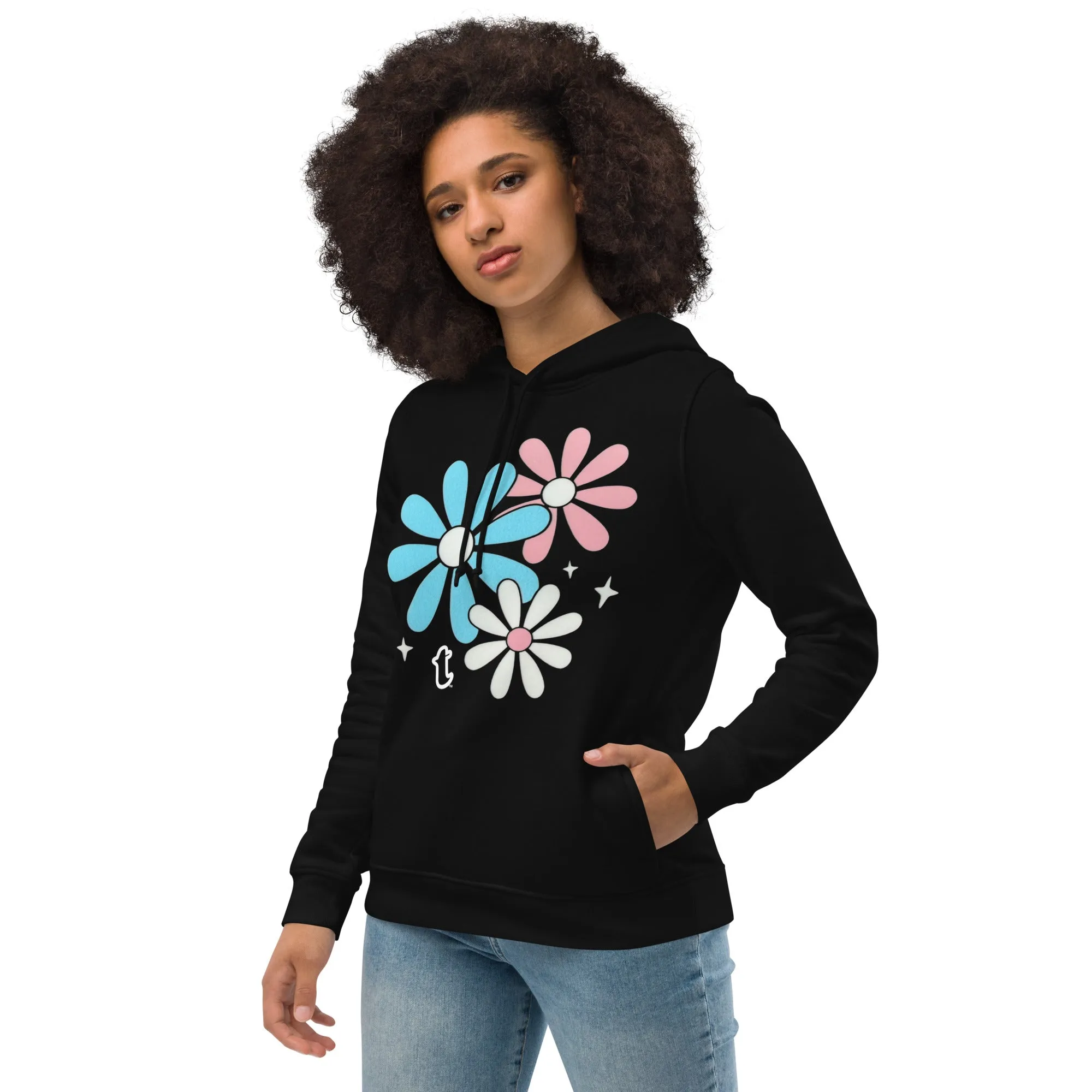 Blue Pink White Big Daisies Series Black Eco Fitted Hoodie