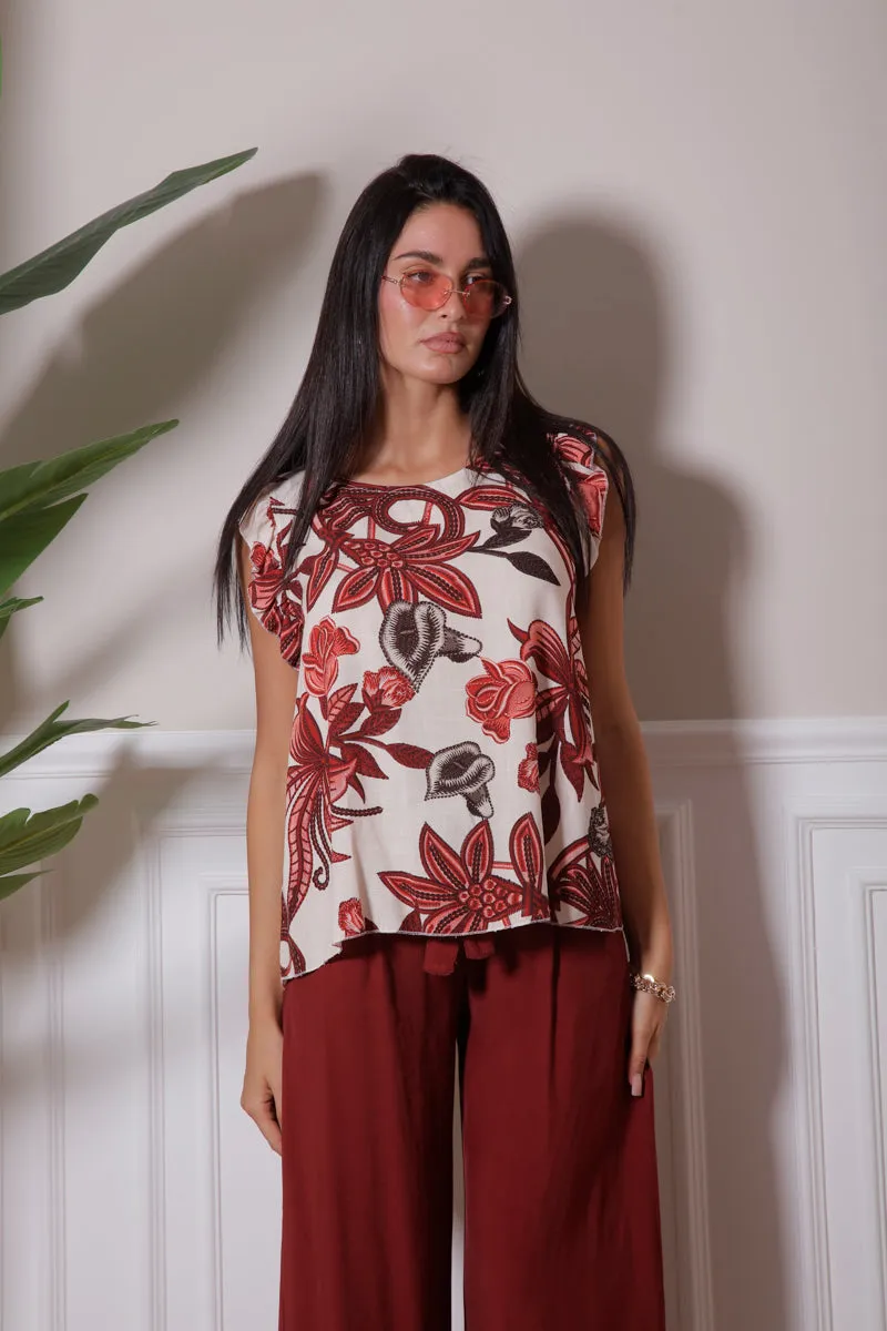 Blusa Fiori Manica Rouches Rosso