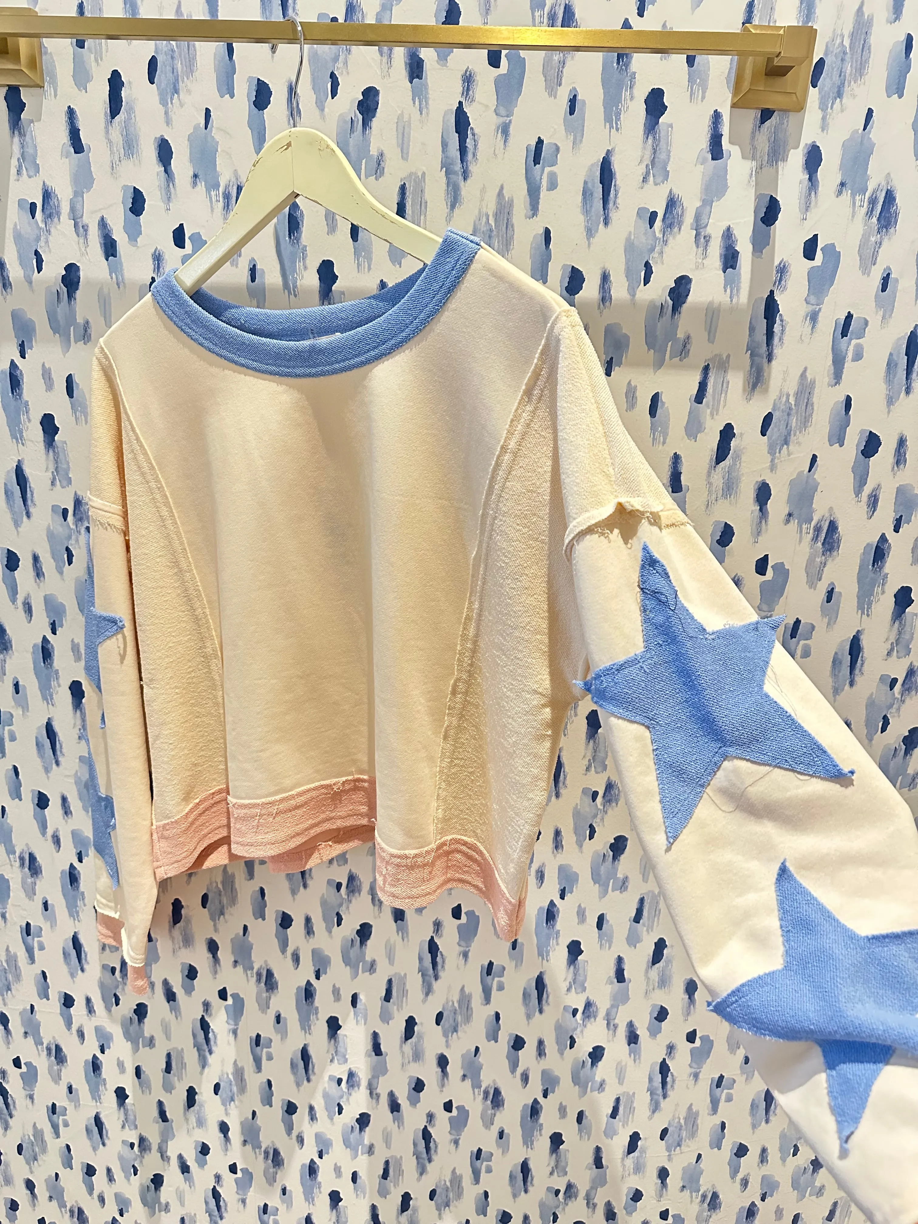 Crop Long Sleeve Star Sweater- Pink, Blue, & Cream