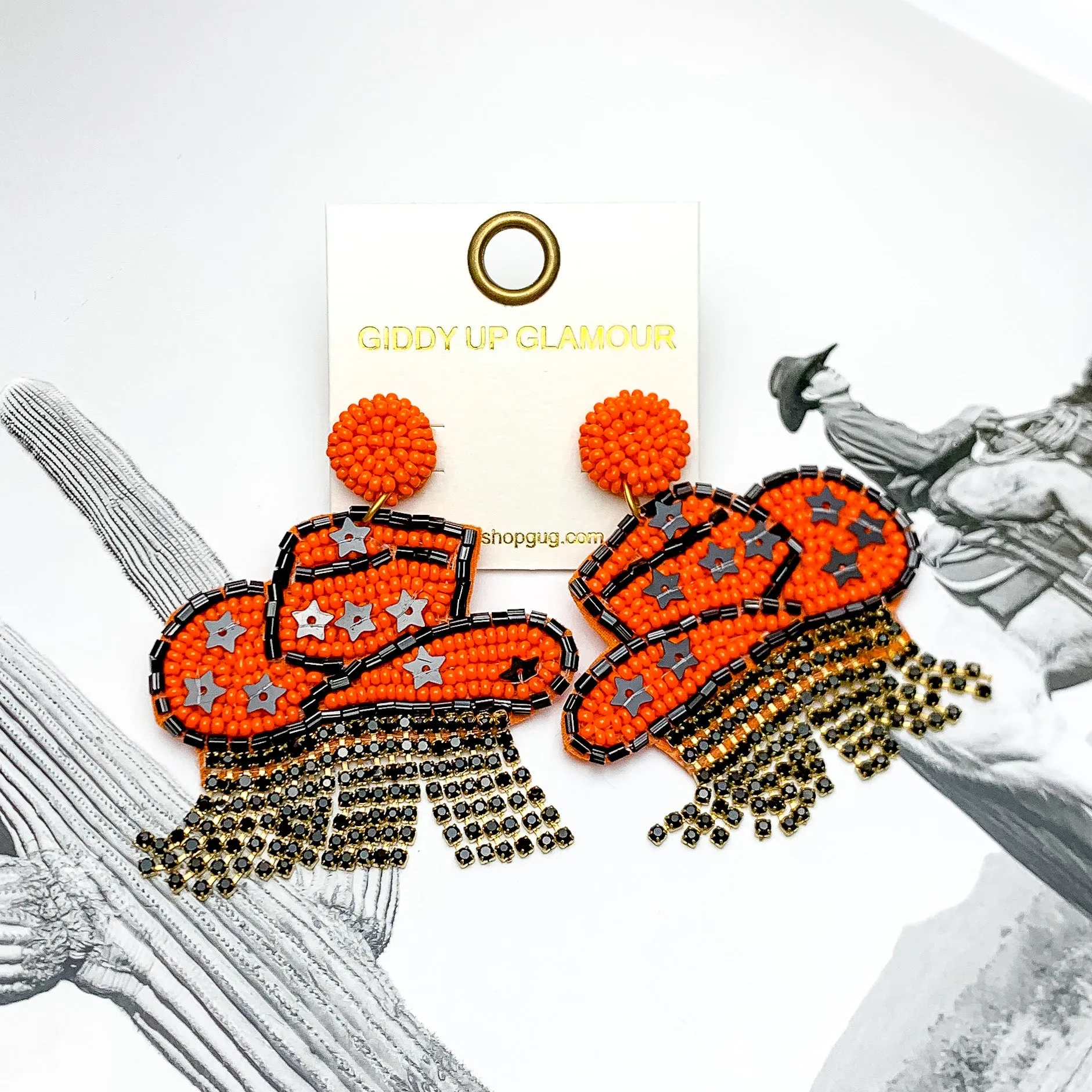 Gameday Beaded Cowboy Hat Earrings with Black Crystal Fringe in Orange and Black