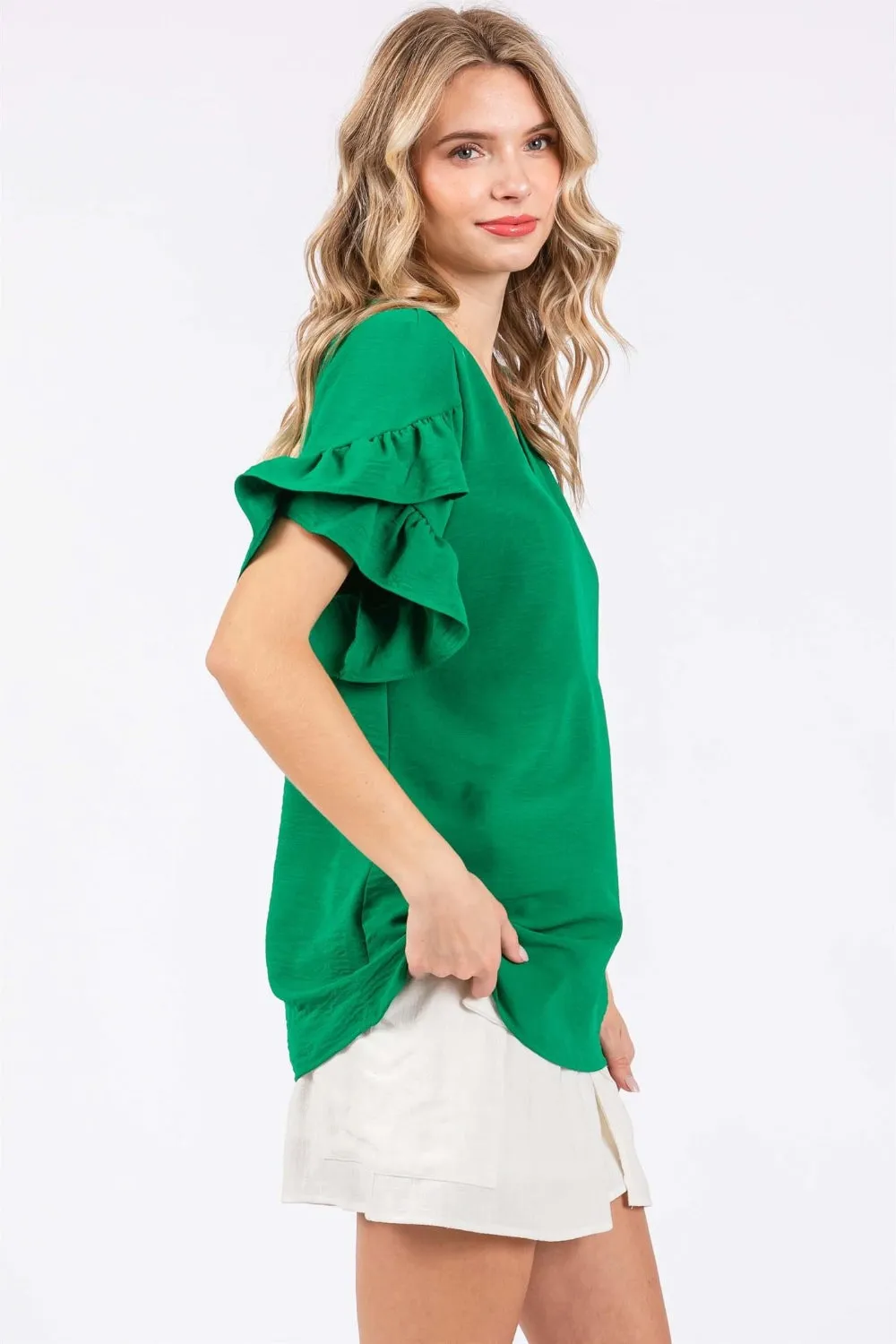 Gayle Ruffled Short Sleeve V-Neck Blouse