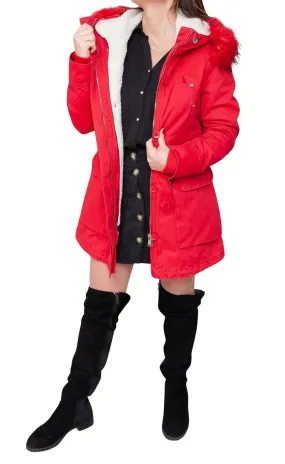 Giaccone Parka donna invernale rosso casual con giacca pelliccia interna