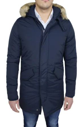 GIACCONE PARKA UOMO BLU SCURO CASUAL GIACCA GIUBBOTTO INVERNALE CON PELLICCIOTTO