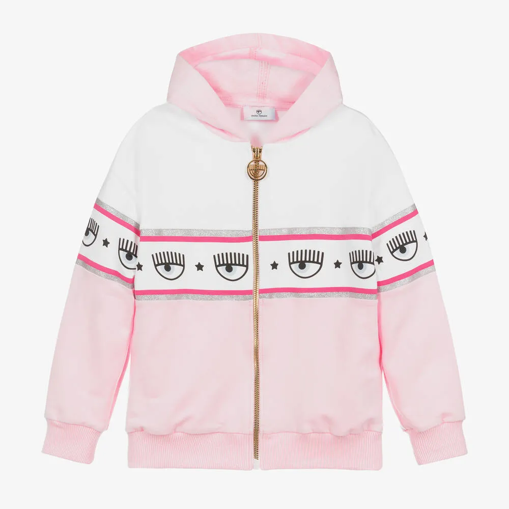 Girls Pink Logo Cotton Zip-Up Hoodie