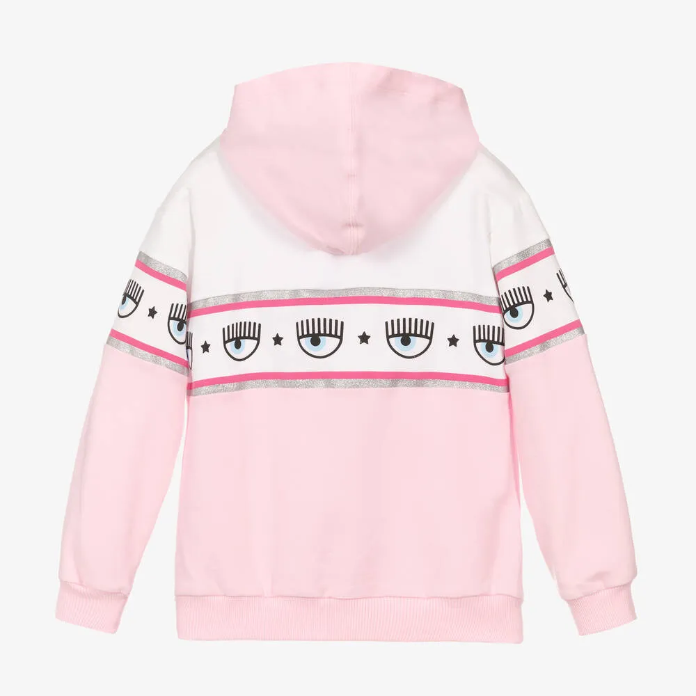 Girls Pink Logo Cotton Zip-Up Hoodie