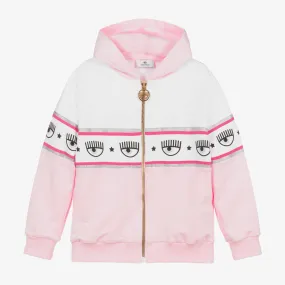 Girls Pink Logo Cotton Zip-Up Hoodie