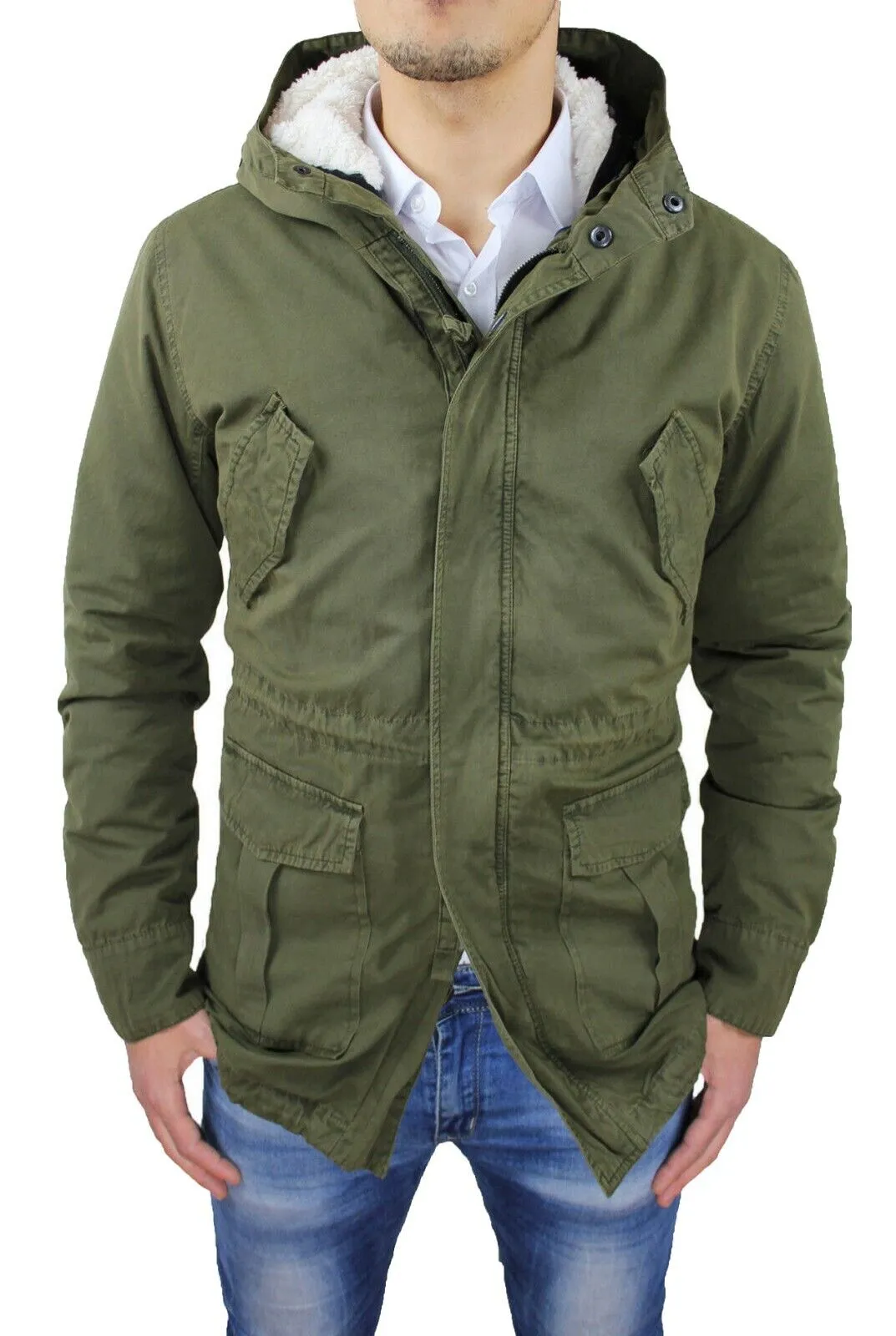 GIUBBOTTO PARKA UOMO VERDE MILITARE ESKIMO GIACCONE SLIM FIT CON PELLICCIA