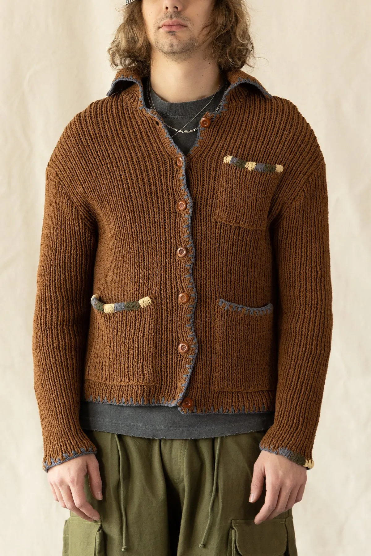 Grandad Cardigan Hand Knit - Brown