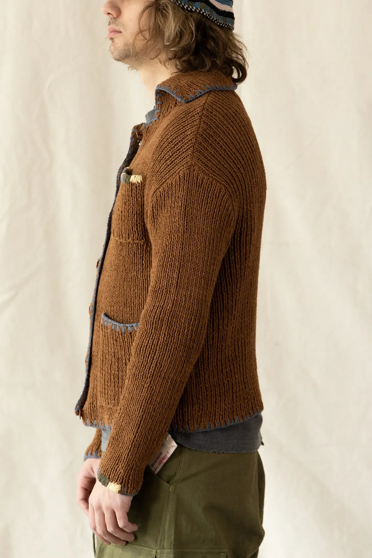 Grandad Cardigan Hand Knit - Brown