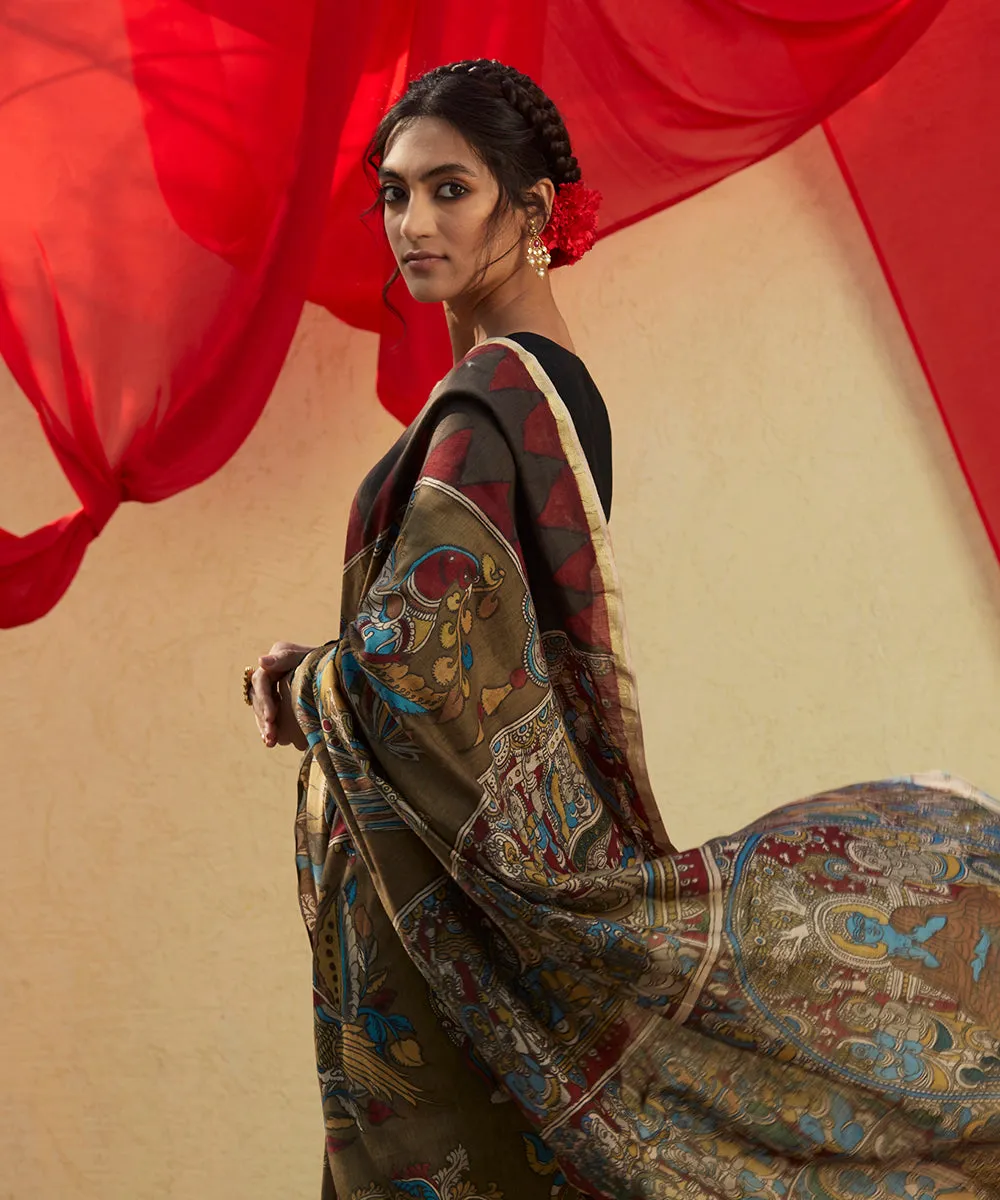 Handloom Cotton Silk Saree With Hand Painted Kalamkari With The Story Of Buddha And His Disciples