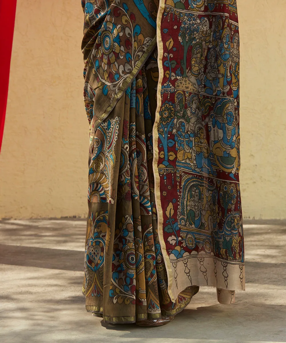 Handloom Cotton Silk Saree With Hand Painted Kalamkari With The Story Of Buddha And His Disciples