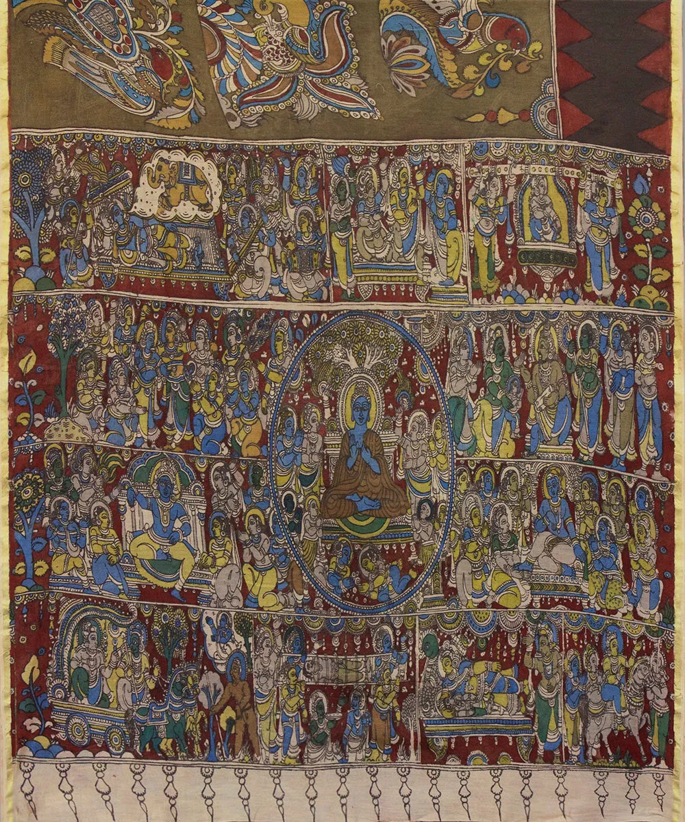 Handloom Cotton Silk Saree With Hand Painted Kalamkari With The Story Of Buddha And His Disciples