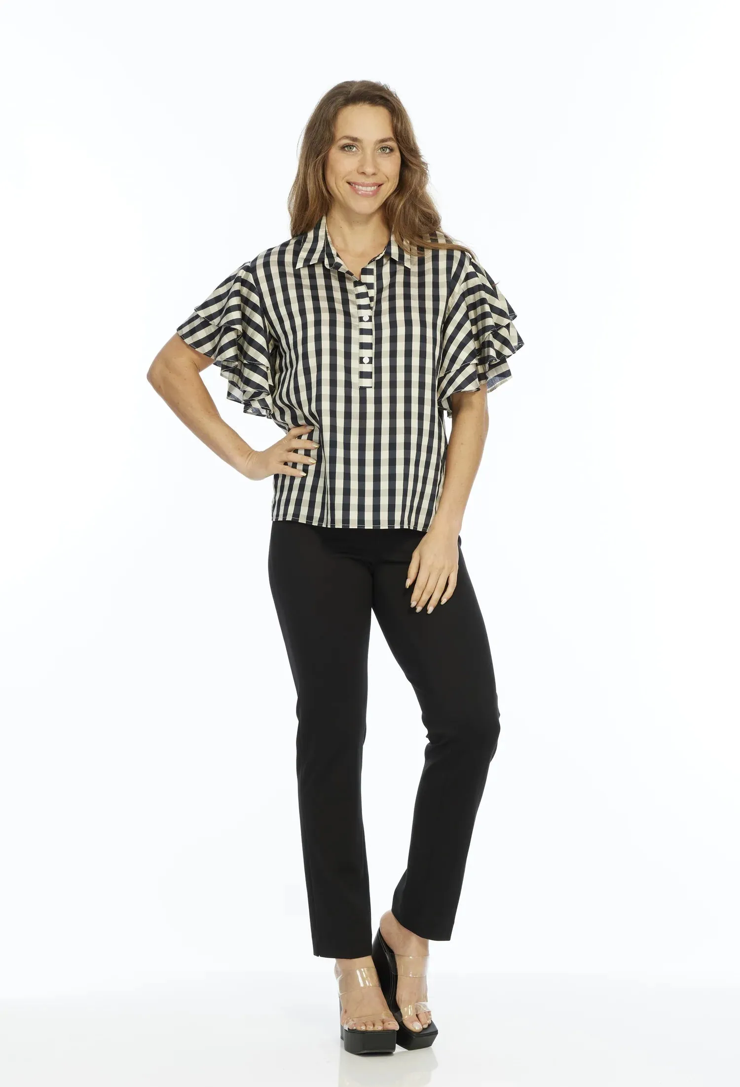 Harmony Flounce Sleeve Blouse - Black Check