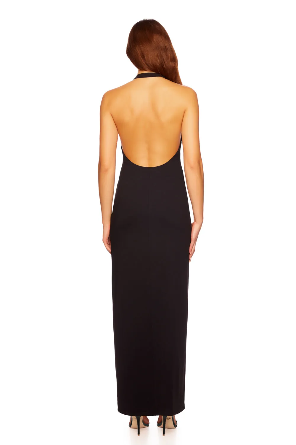 HI NECK LO BACK HALTER SLIT DRESS