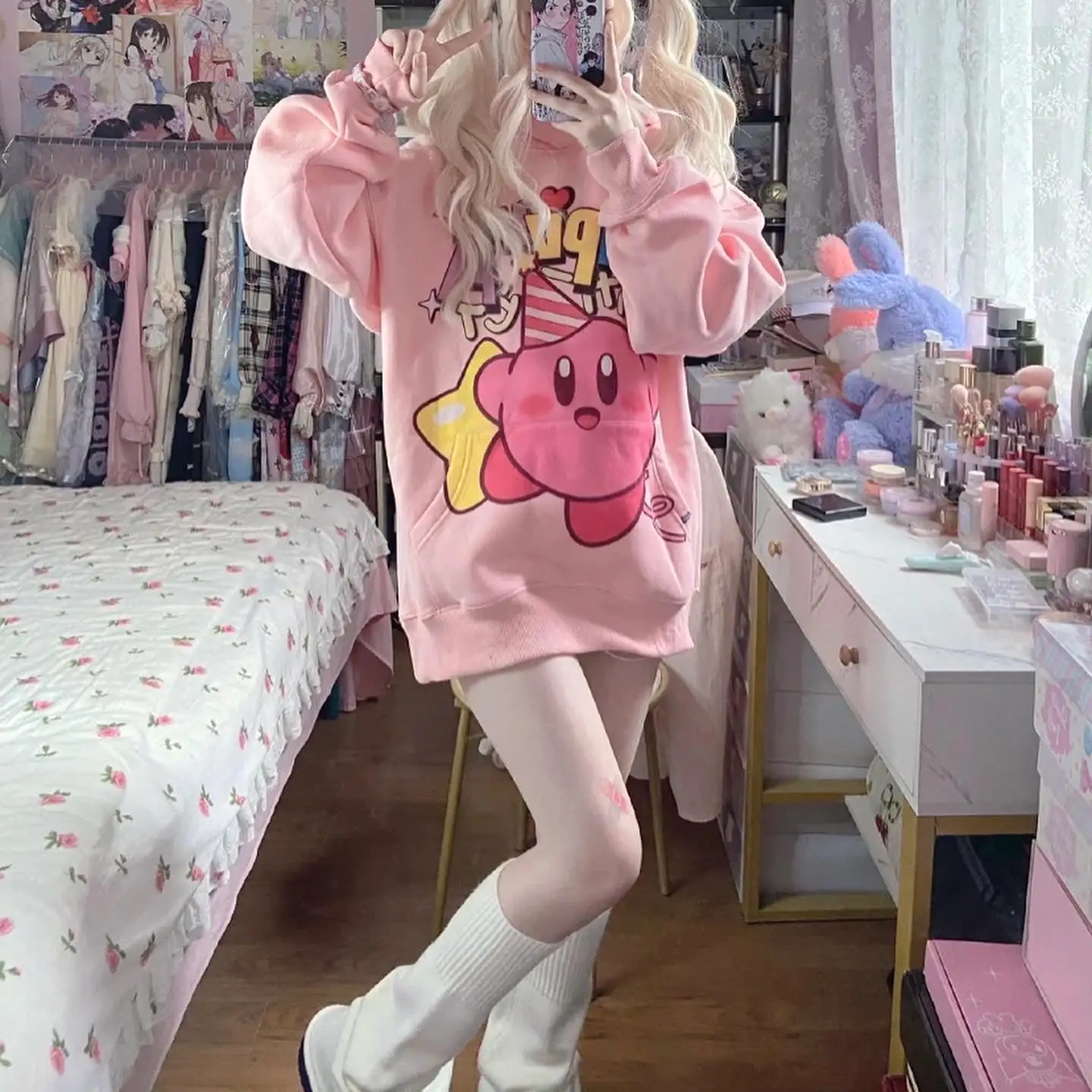 kirby pattern pink hoodie