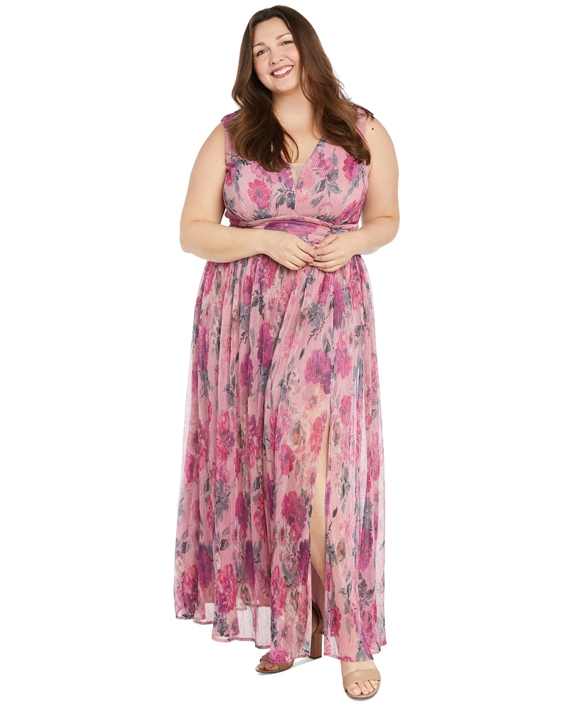 Macy's R & M Richards Plus Metallic Crinkle-Pleat Floral Dress