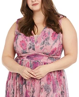 Macy's R & M Richards Plus Metallic Crinkle-Pleat Floral Dress