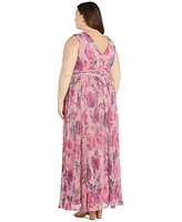 Macy's R & M Richards Plus Metallic Crinkle-Pleat Floral Dress