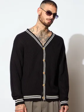 Men Unisex Black & Off White Front Button Cardigan