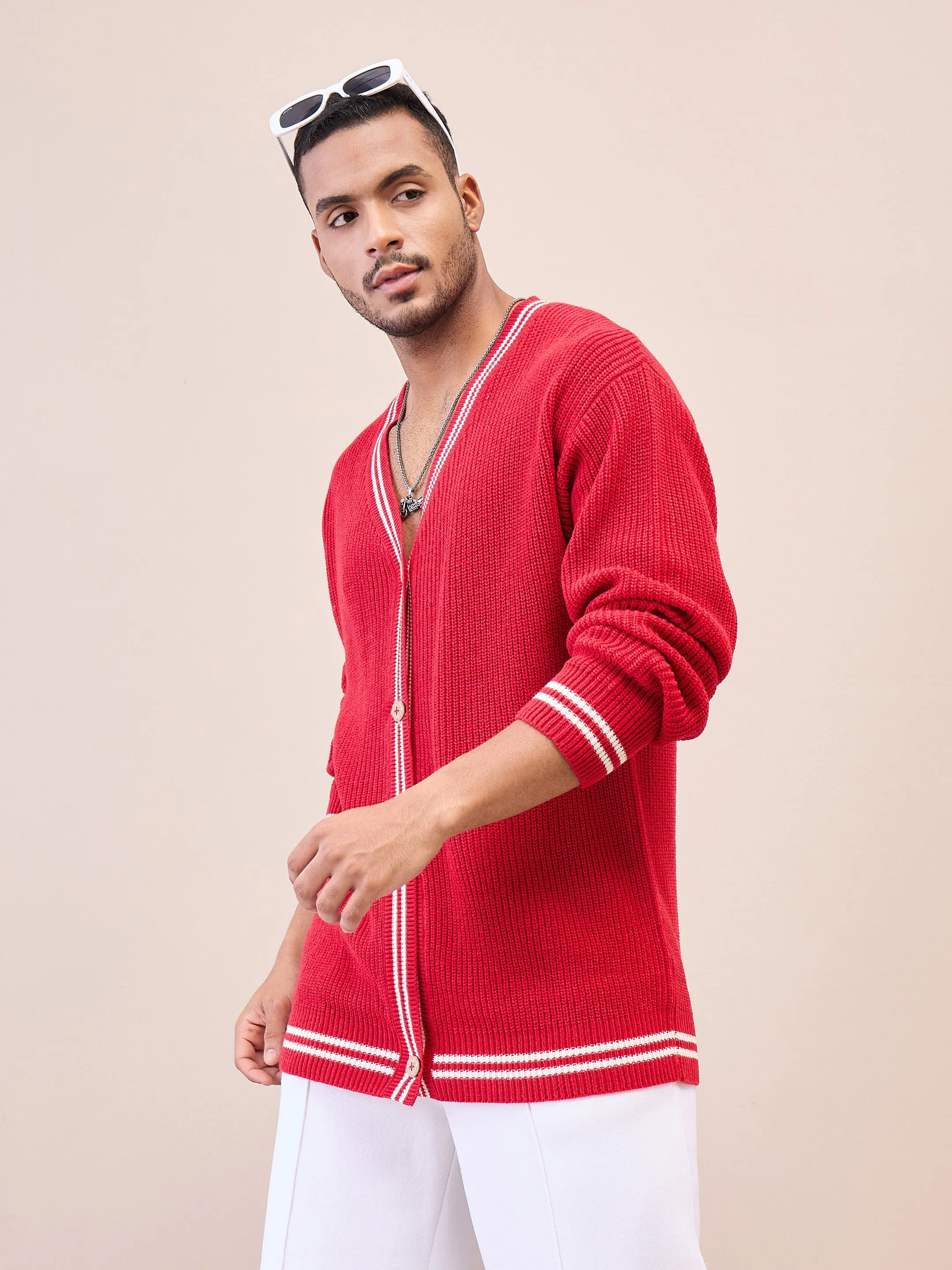 Men Unisex Red & Off White Front Button Cardigan