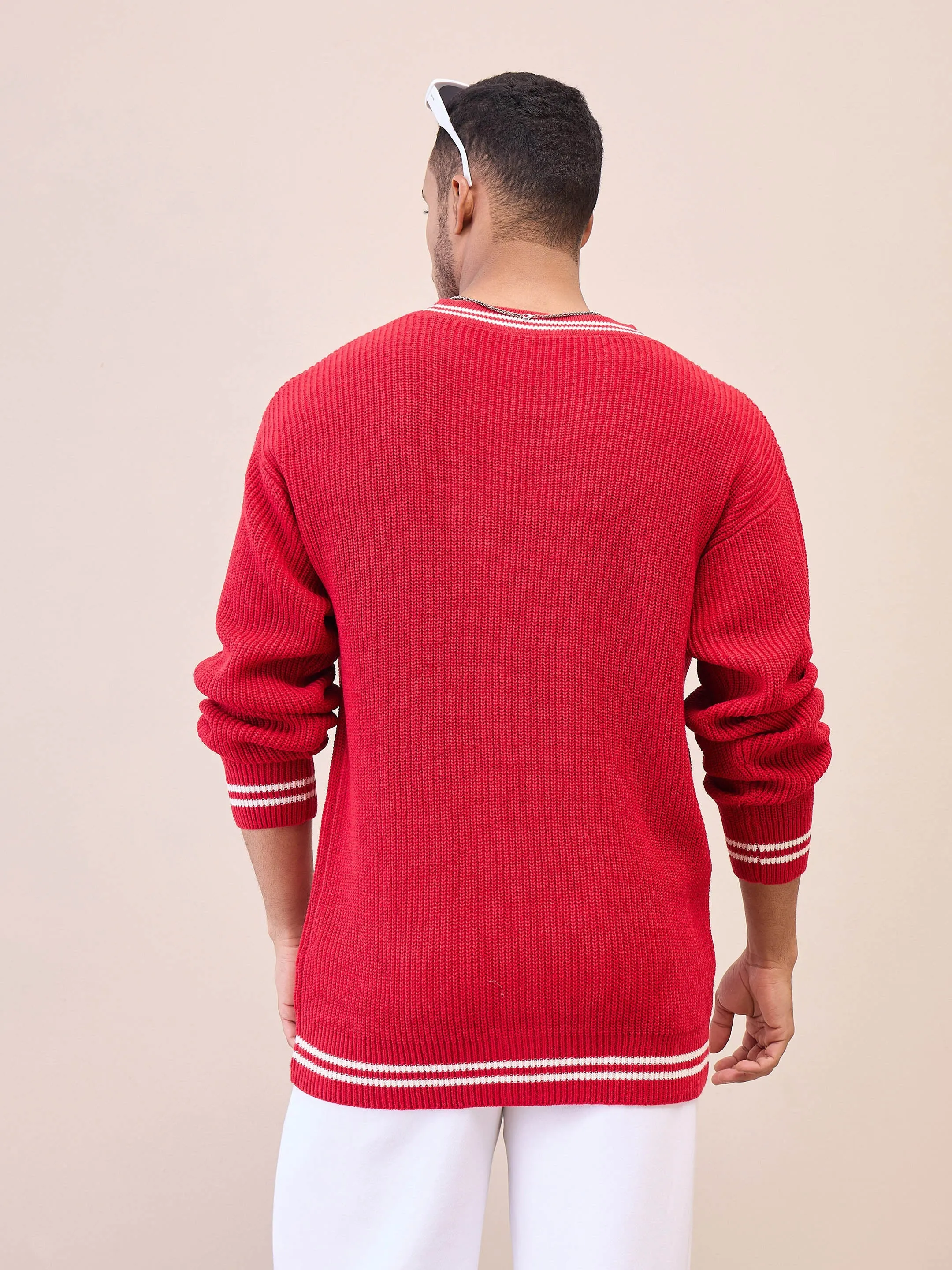 Men Unisex Red & Off White Front Button Cardigan