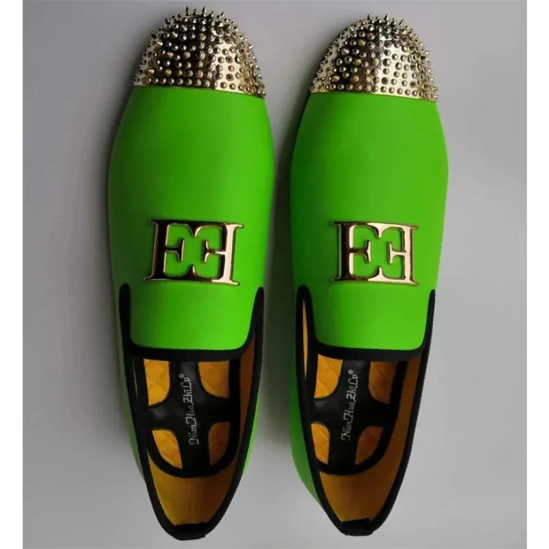 Men's Grass Green Leather Gold Metal Toe Big Size Loafers Shoes