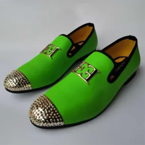 Men's Grass Green Leather Gold Metal Toe Big Size Loafers Shoes