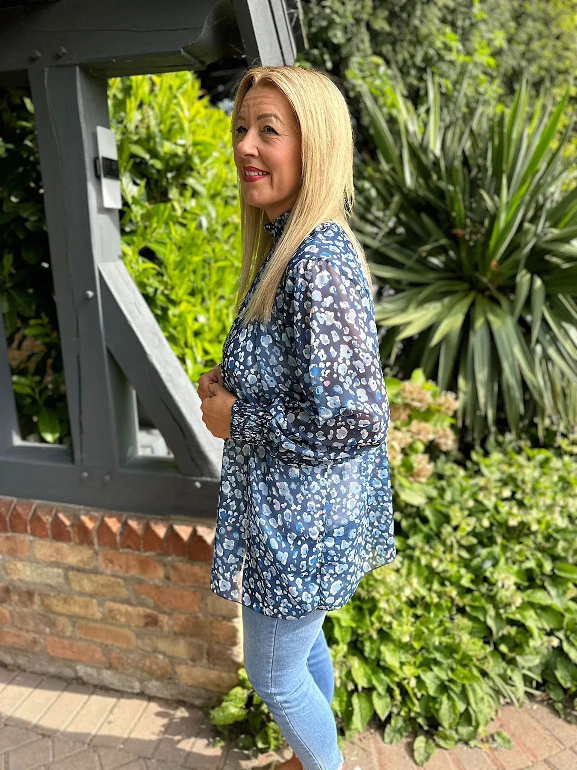 Navy Leopard High Neck Blouse June