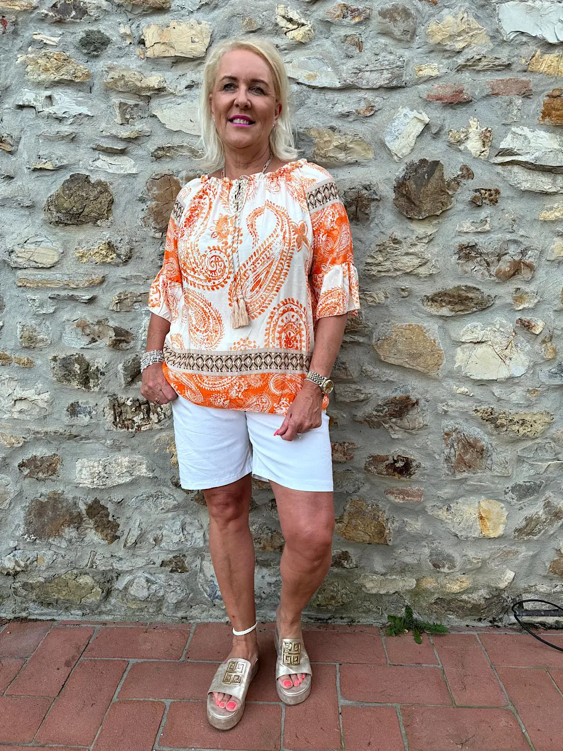 Orange Paisley Bardot Tassel Blouse Maria