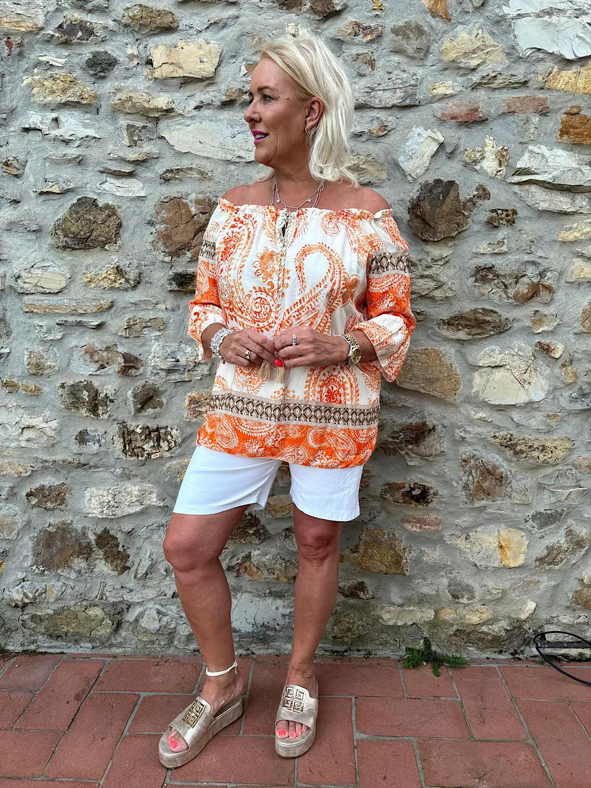 Orange Paisley Bardot Tassel Blouse Maria