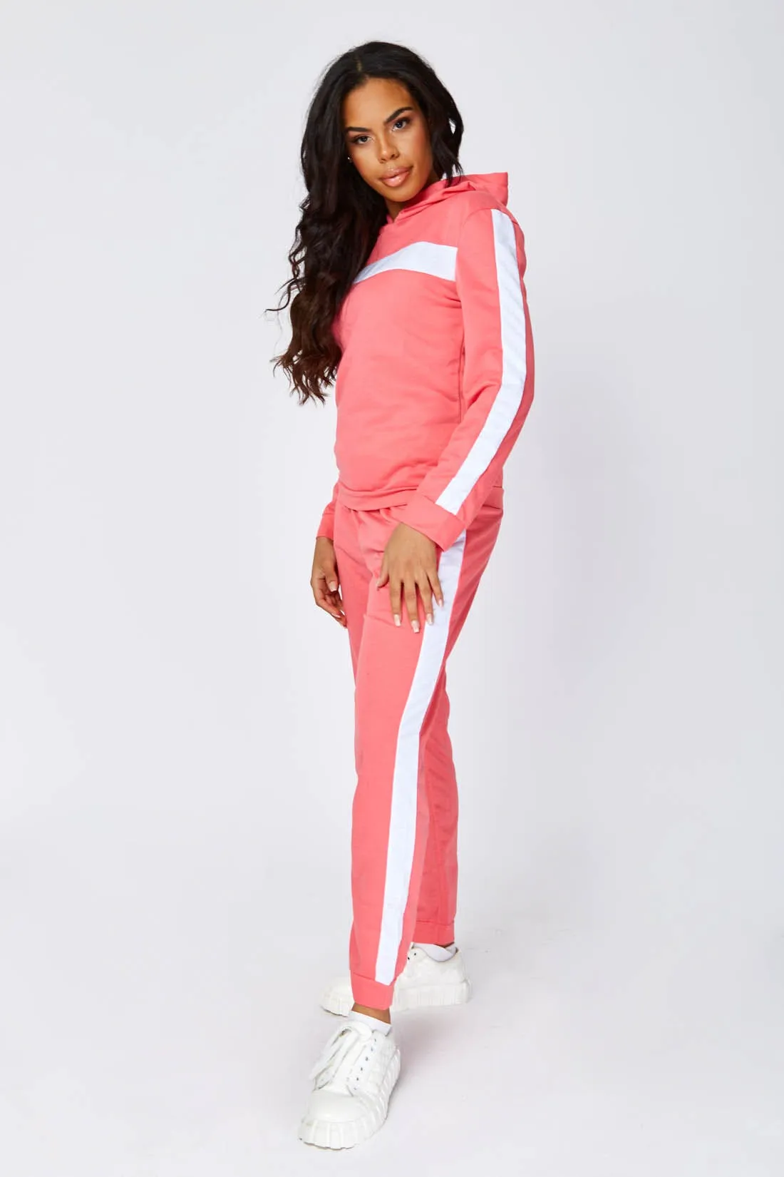 Pink Contrast Stripe Hoodie And Joggers Set