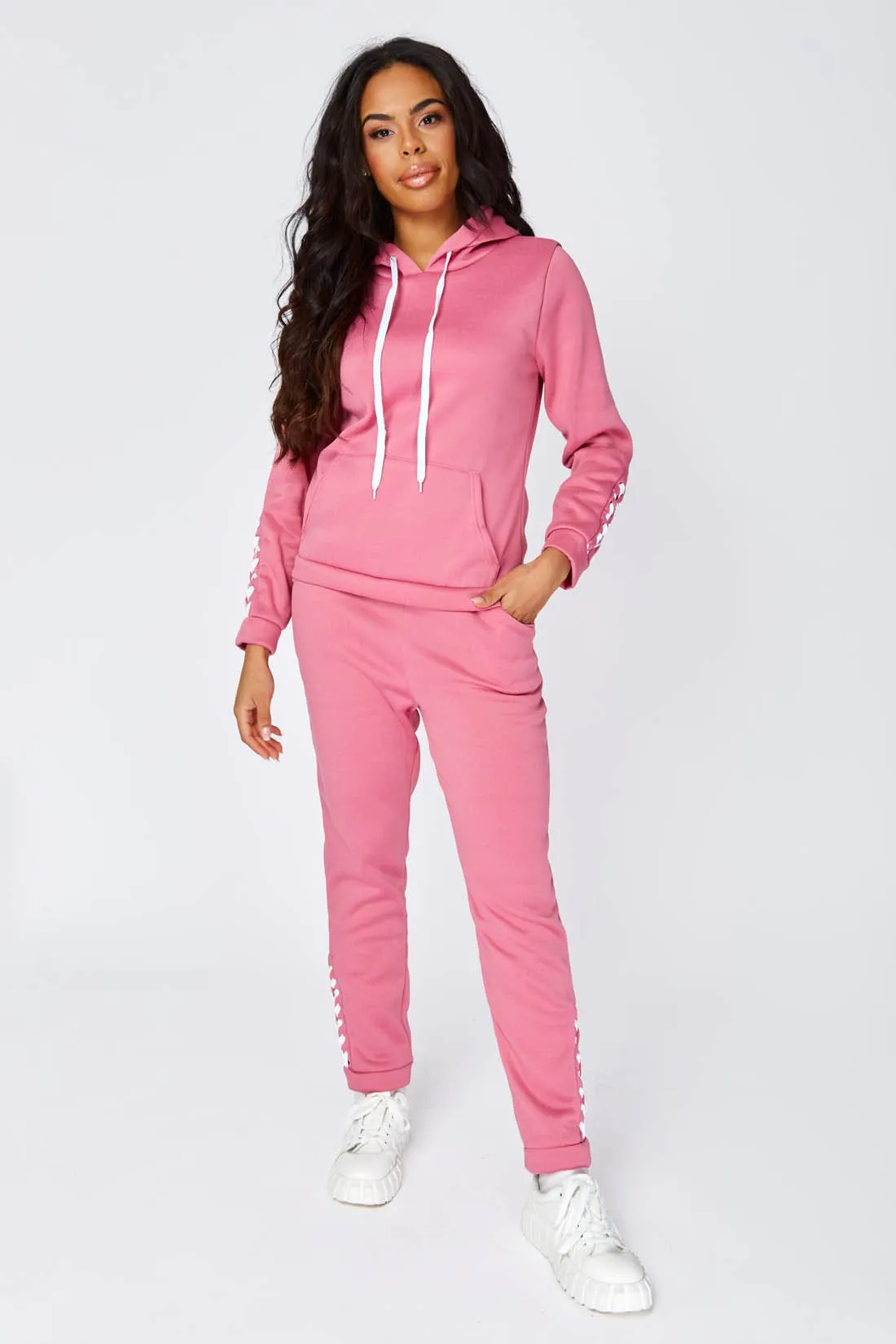 Pink Lace Up Detail Hoodie And Joggers Set