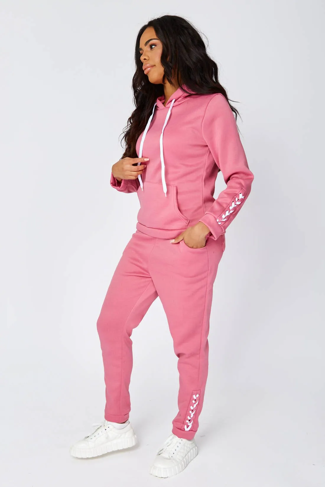 Pink Lace Up Detail Hoodie And Joggers Set