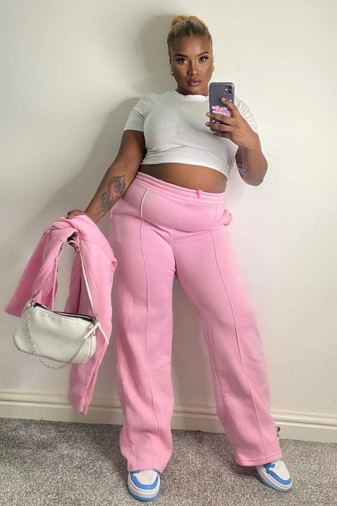 Pink Light Pintuck Hoodie And Wide Leg Joggers Set