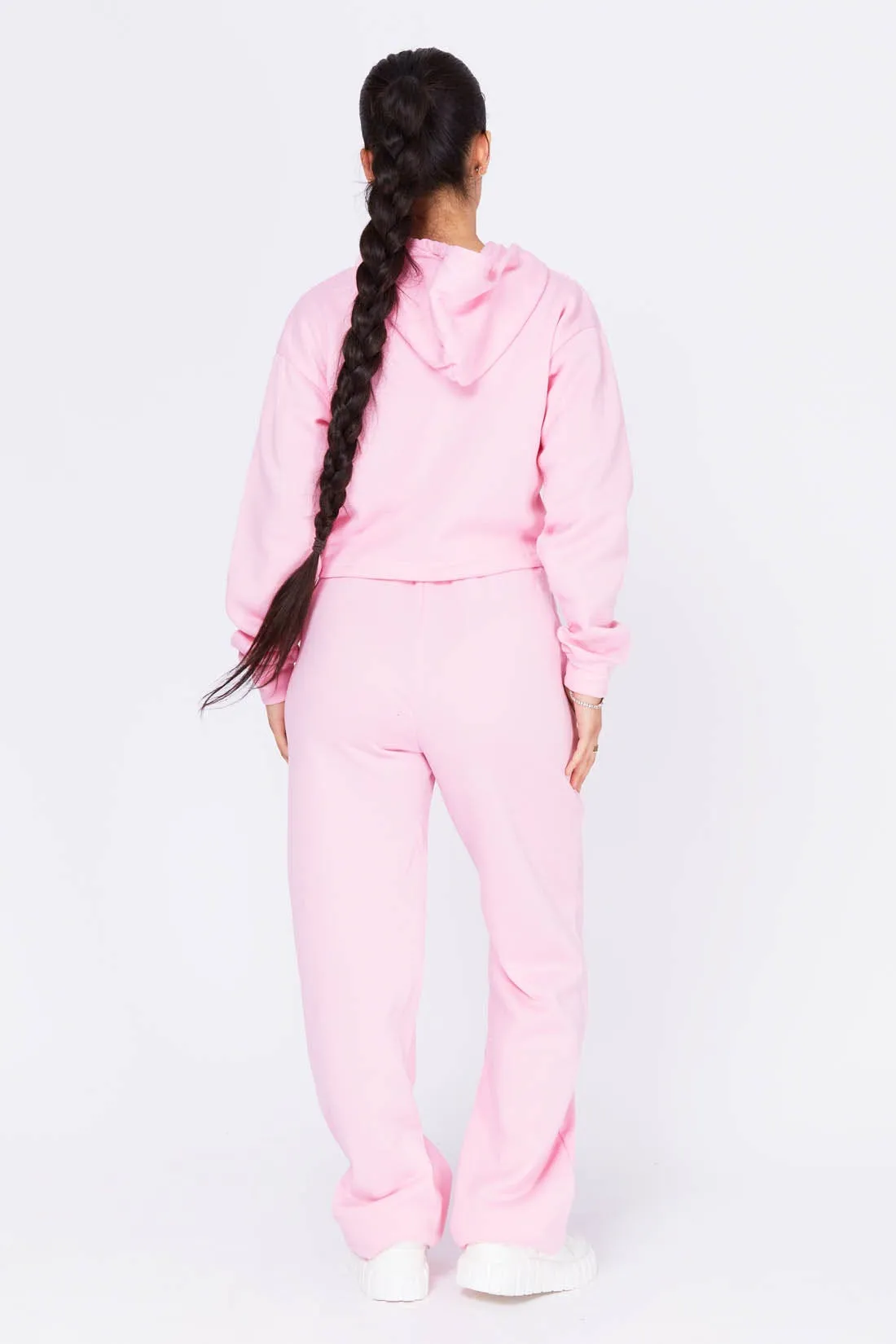 Pink Light Pintuck Hoodie And Wide Leg Joggers Set