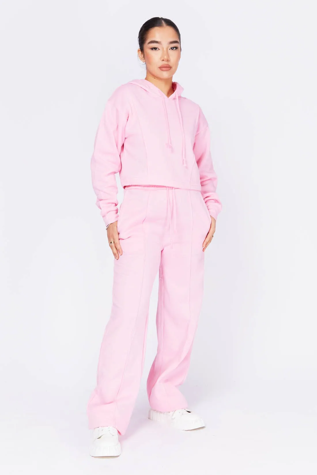 Pink Light Pintuck Hoodie And Wide Leg Joggers Set