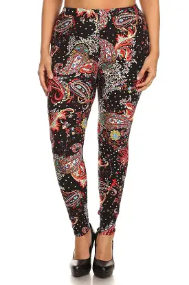 Plus size multi-color paisley Print Full Length Leggings