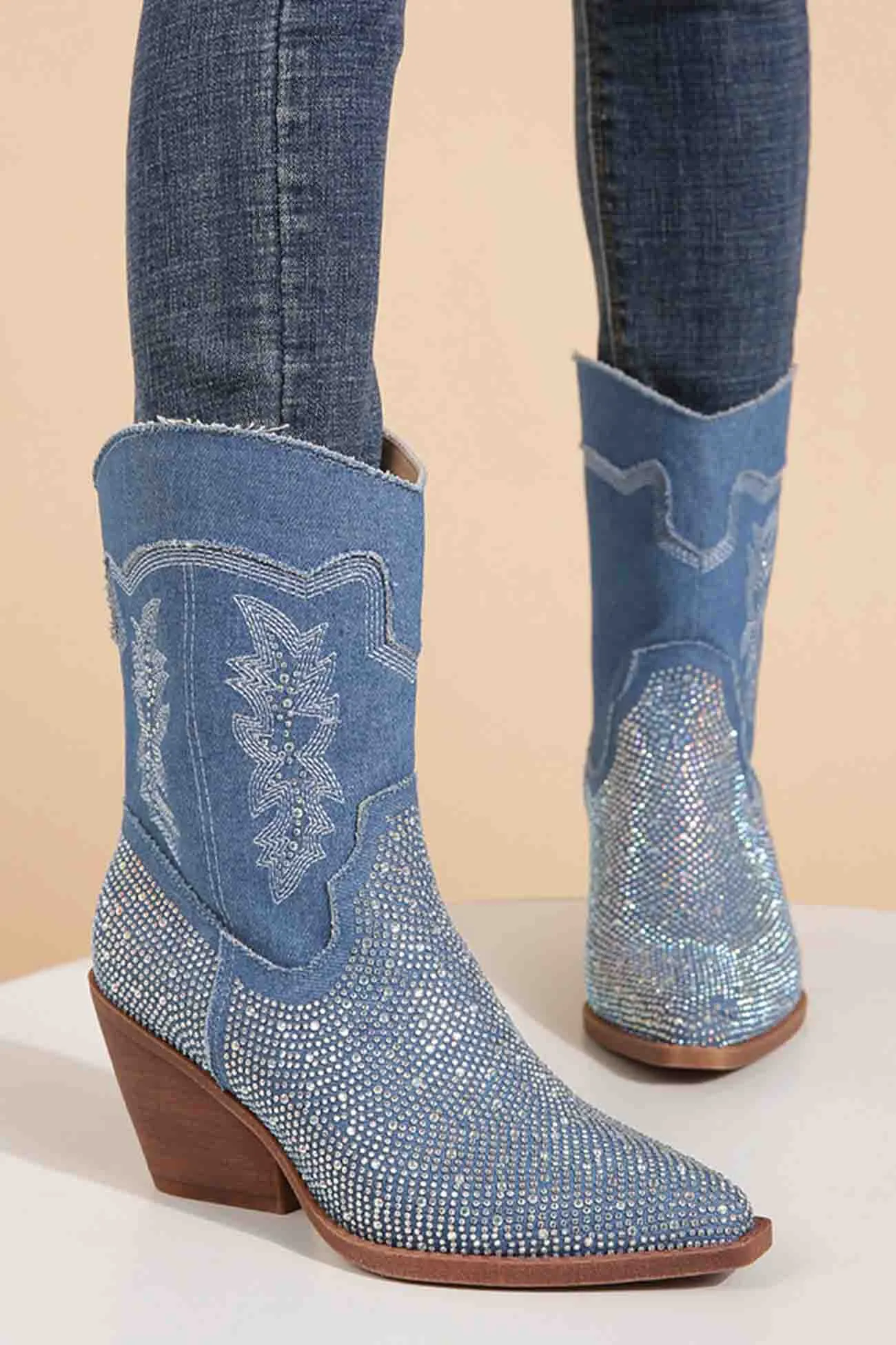 Rhinestone Mid-Calf Pointed Toe Western Cowboy Boots