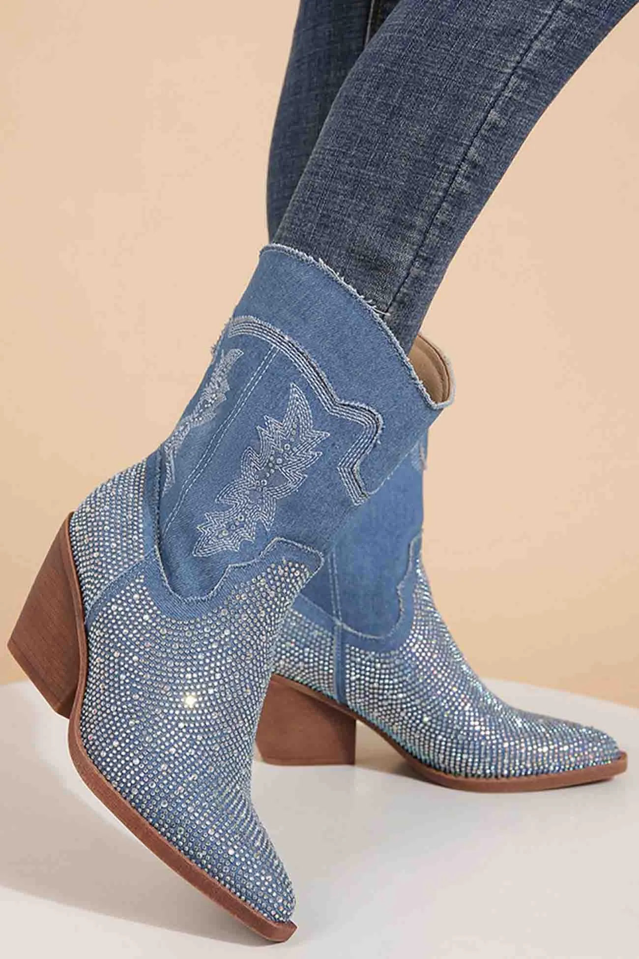 Rhinestone Mid-Calf Pointed Toe Western Cowboy Boots