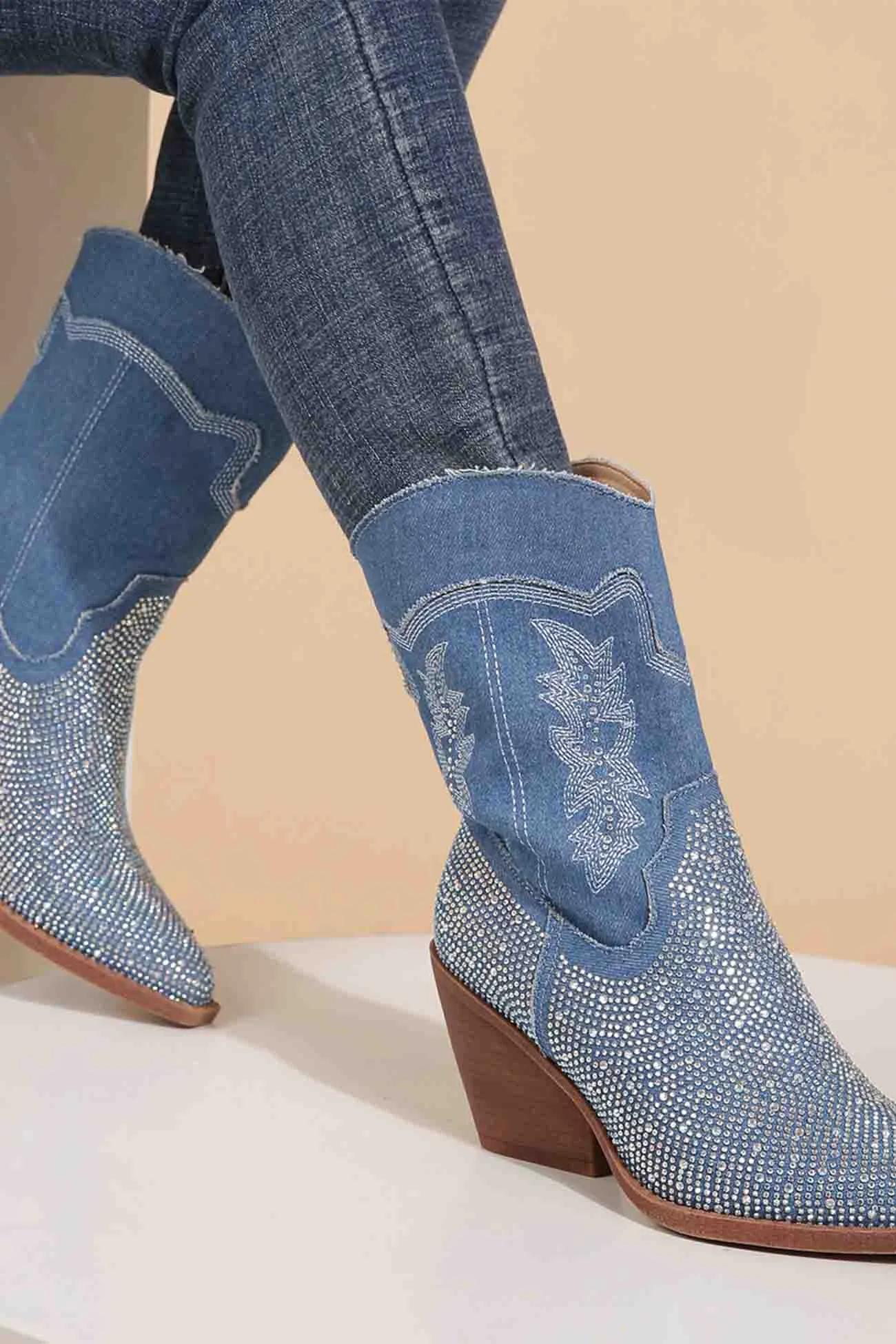 Rhinestone Mid-Calf Pointed Toe Western Cowboy Boots