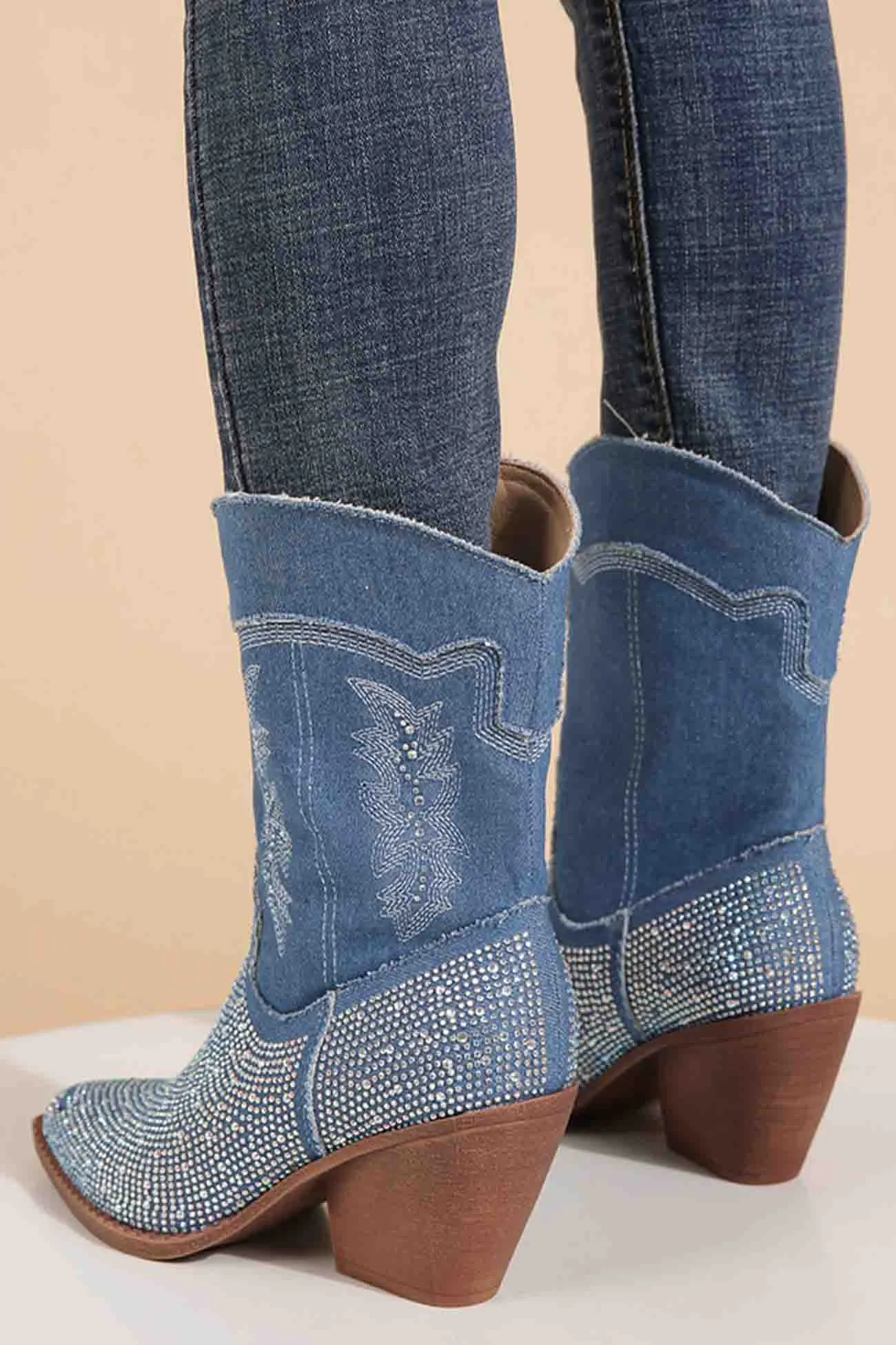 Rhinestone Mid-Calf Pointed Toe Western Cowboy Boots