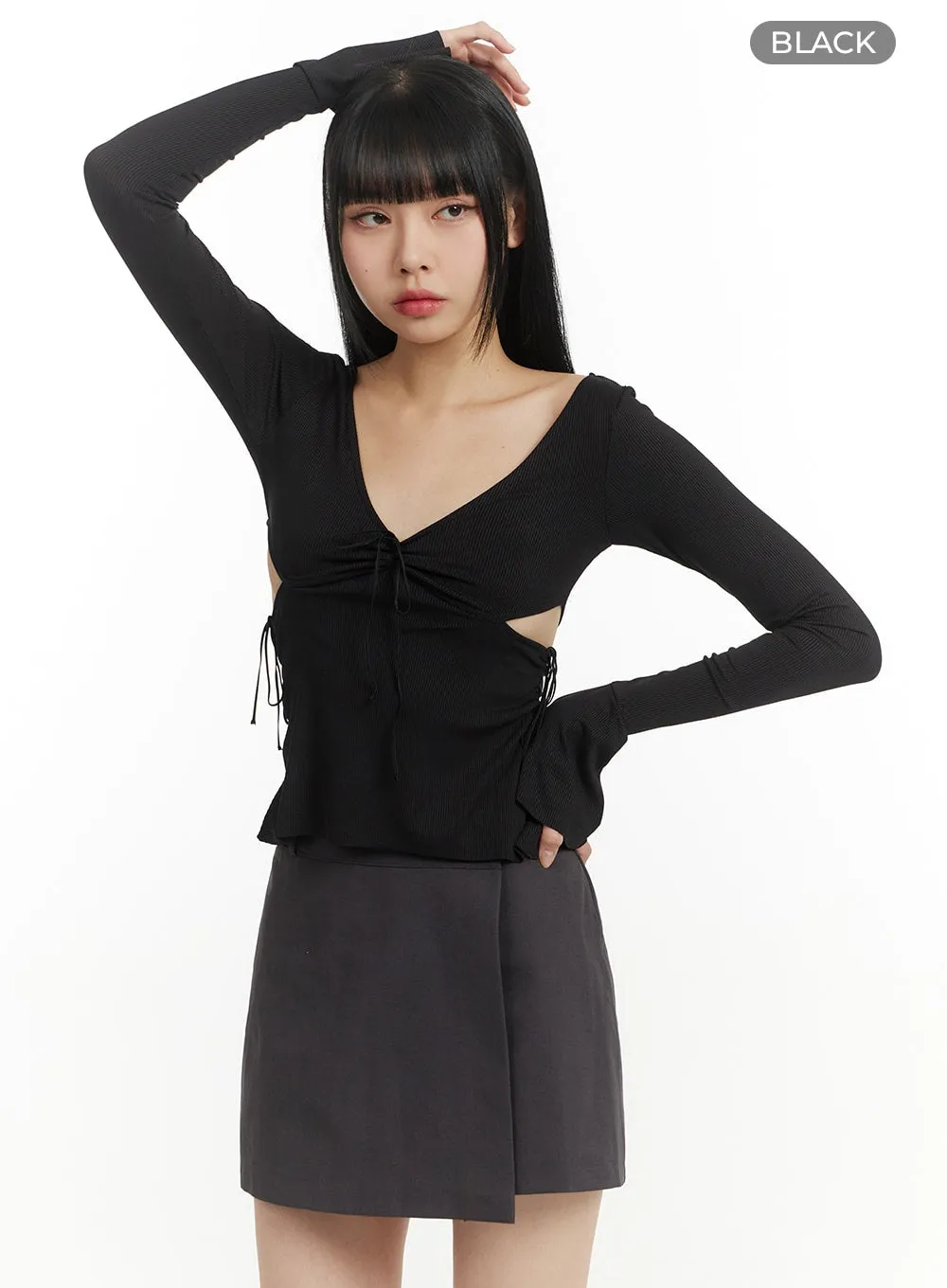 Semi-Ruched Cut Out Knotted Long Sleeve Blouse IM406