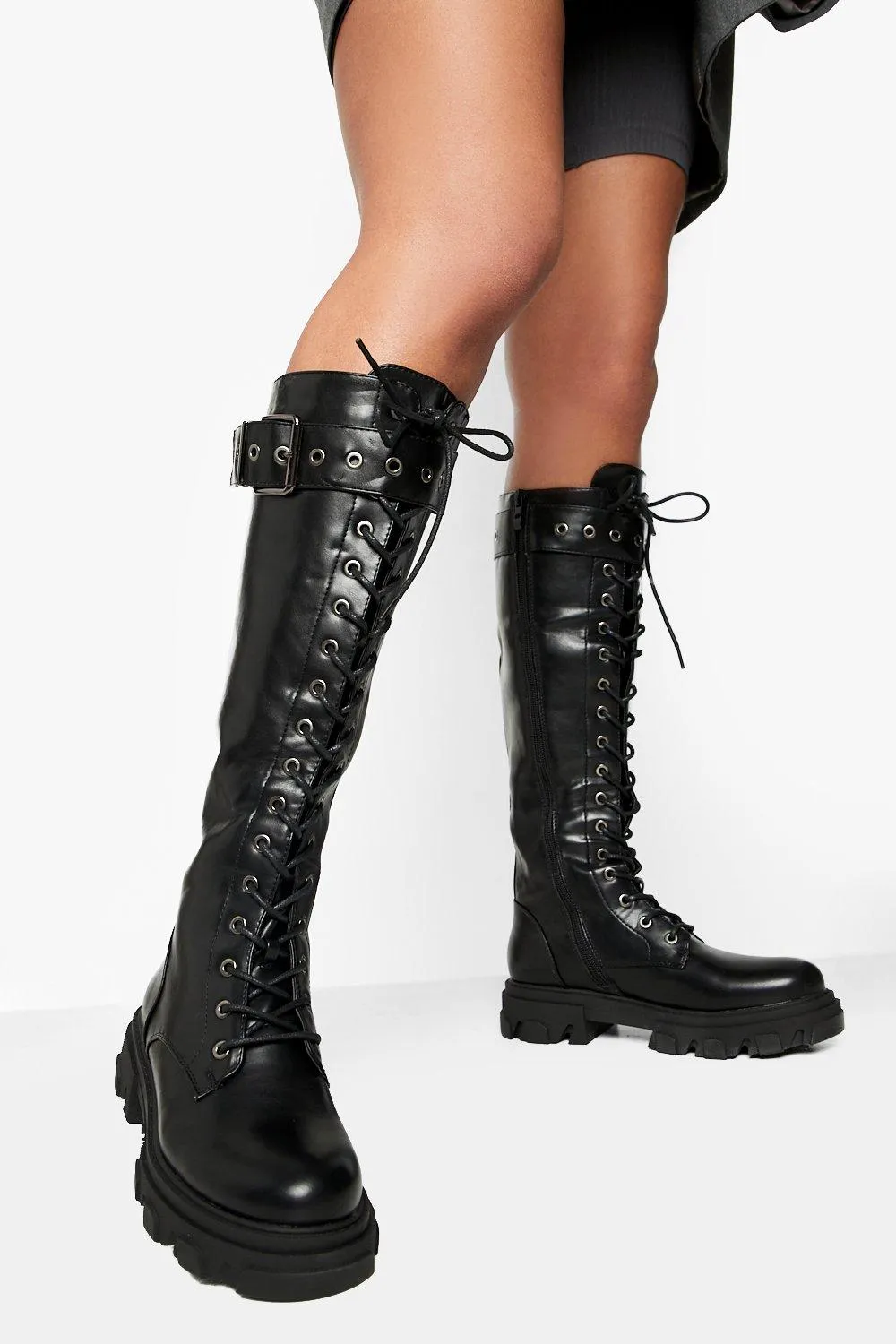 Side Buckle Knee High Hiker Boots