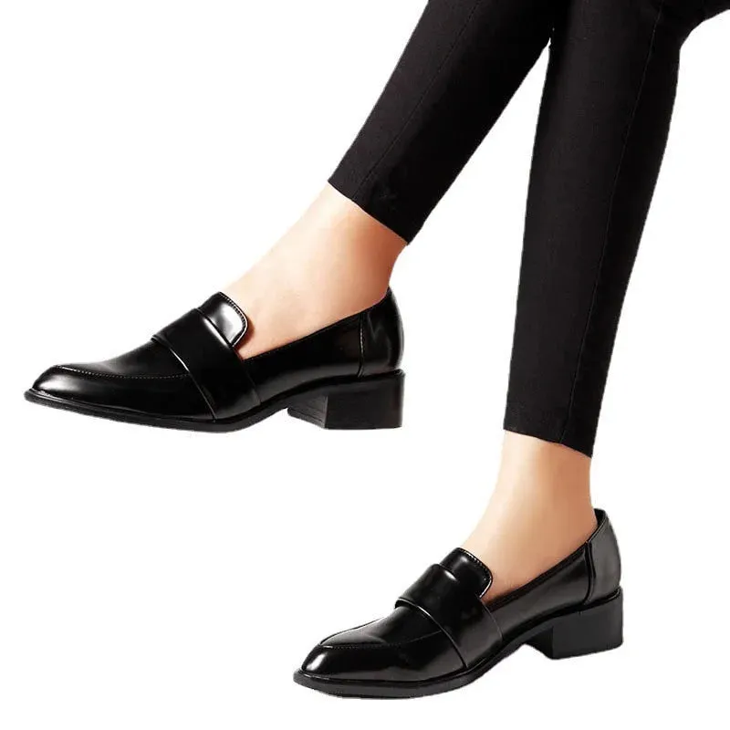 Spring Autumn Solid Pointed Toe Square Heel Slip-On Loafers for Women