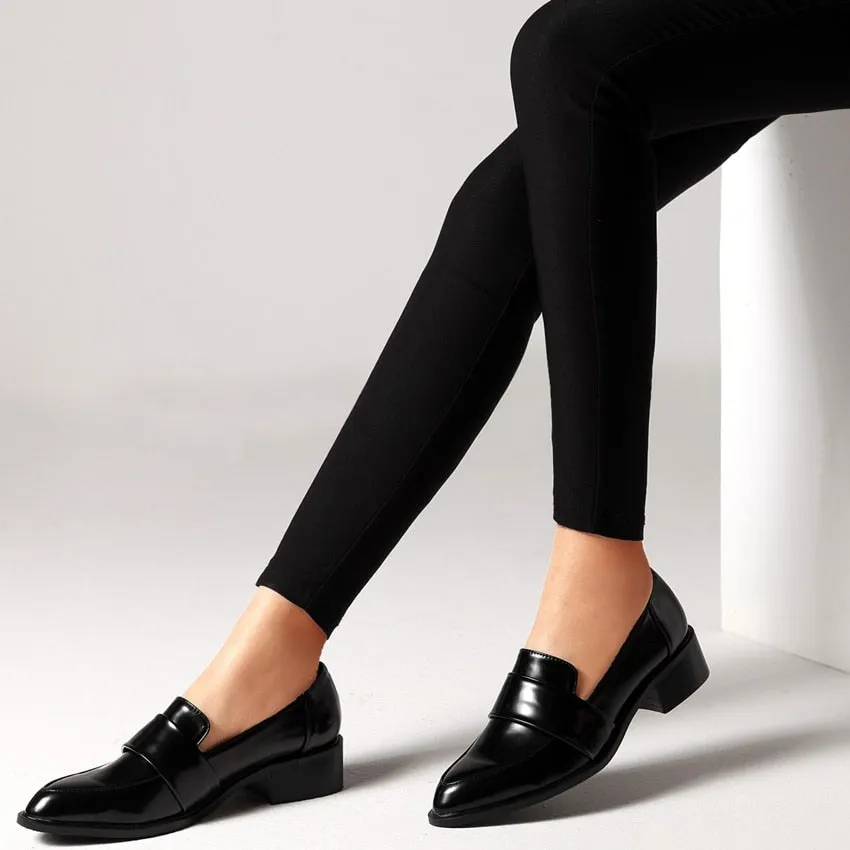 Spring Autumn Solid Pointed Toe Square Heel Slip-On Loafers for Women