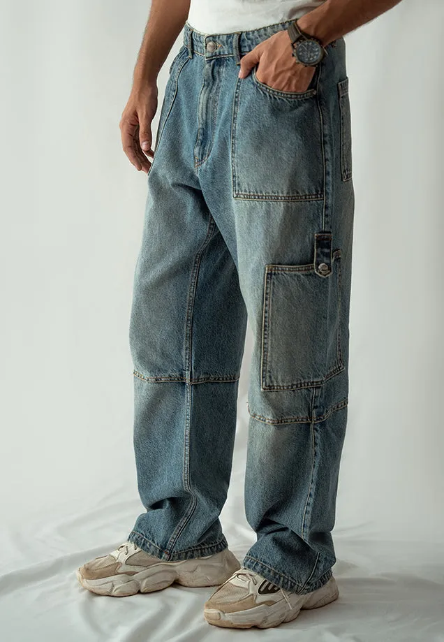 Straight Fit Cargo Pocket Jeans Tint Over Dye