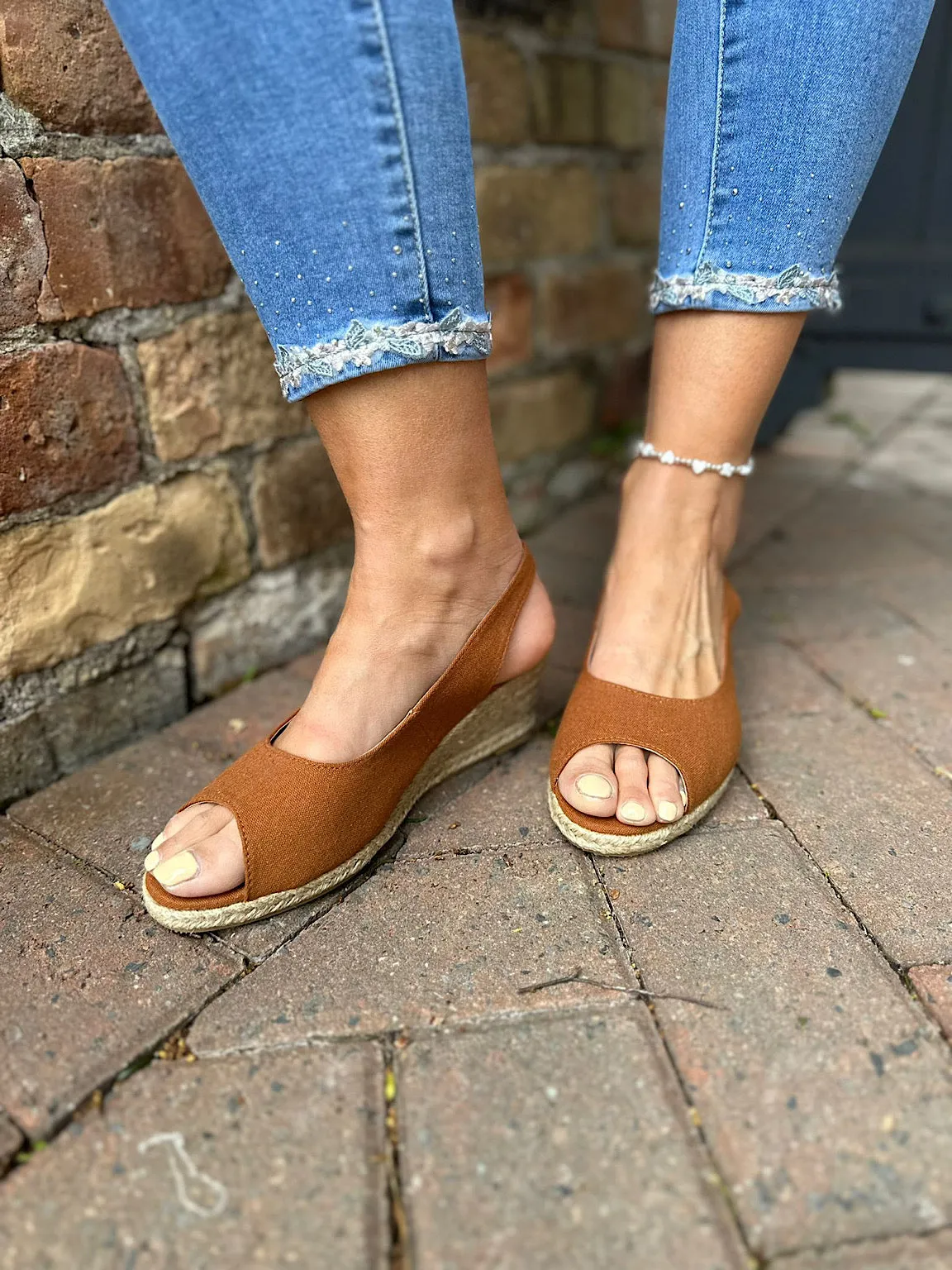 Tan Open Toe Canvas Wedge Sandals